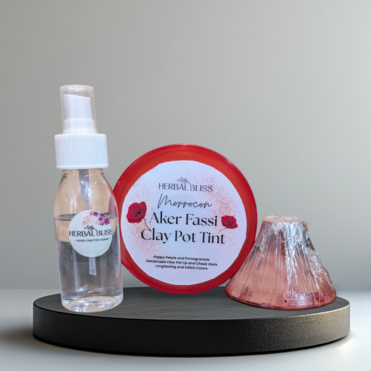 Herbal Bliss Moroccan Aker Fassi Clay Pot Tint – Natural Lip & Cheek Stain ( Rose Water Spray Included )